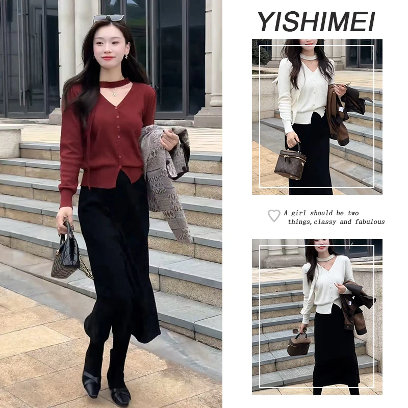 今年超火秋季穿搭2025年新款v领纯色针织上衣高腰半身裙两件套装