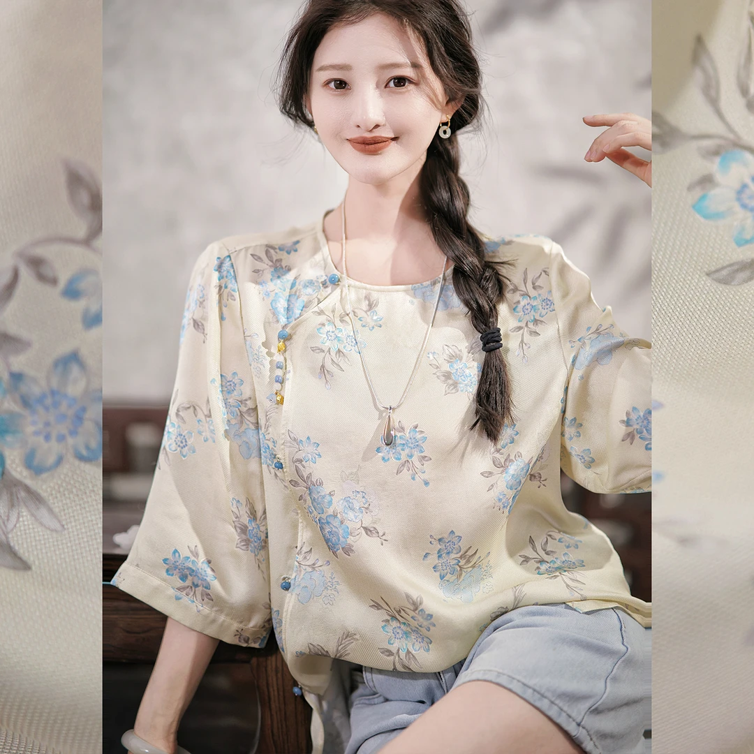 【赵大喜】真.丝花罗.对印上衣｜蓝色印花新中式国风小衫女