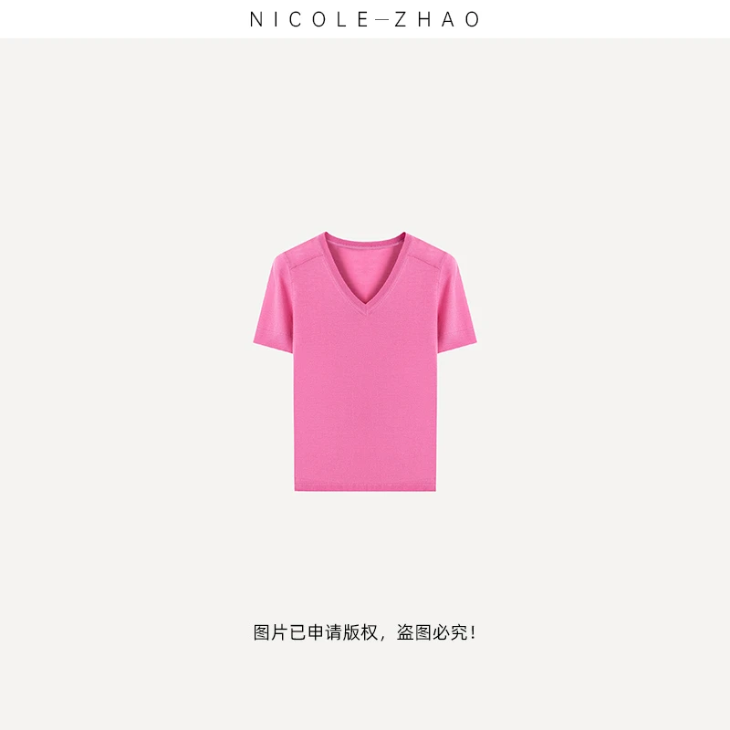FJ3028【贵姐NICOLE】春夏高端定制休闲时尚百搭通勤V领针织上衣女