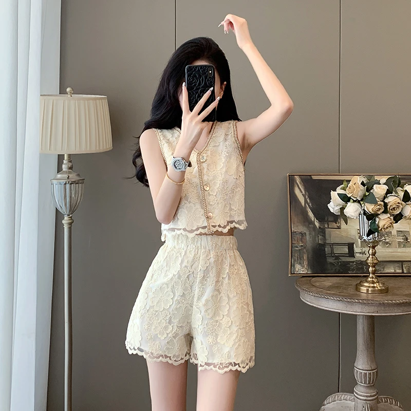 法式时尚套装洋气镂空夏季新宽松休闲套装吊带背心女装显瘦阔腿裤