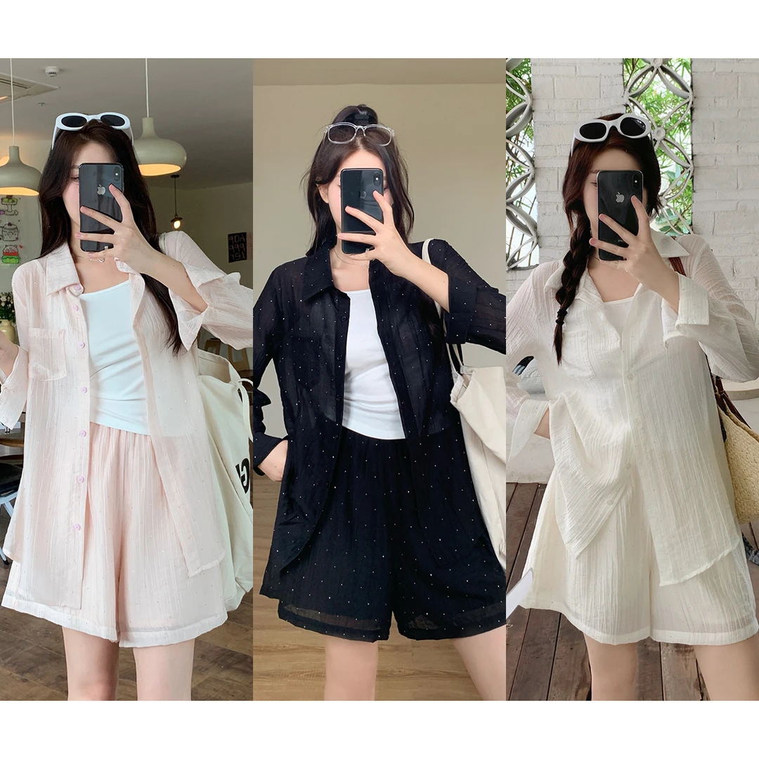 清大码女装2025夏季休闲吊带翻领长袖衬衫松紧腰短裤套装63261