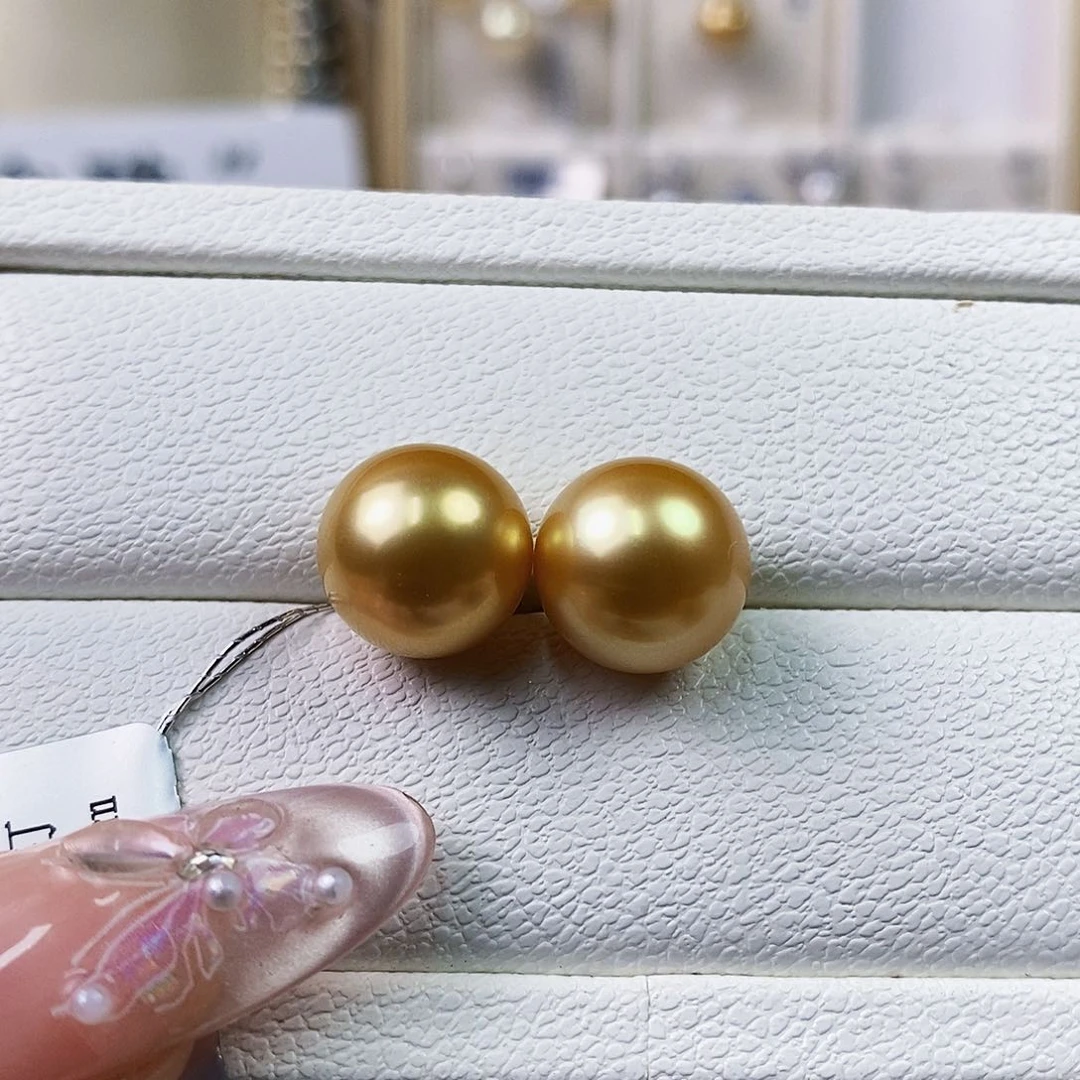18K金镶嵌海水珍珠耳饰南洋金珠12-13