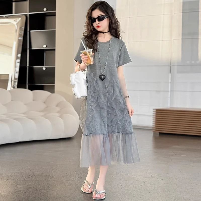 女童网纱拼接夏季连衣裙2025夏装新款中大童韩版洋气中长款公主裙