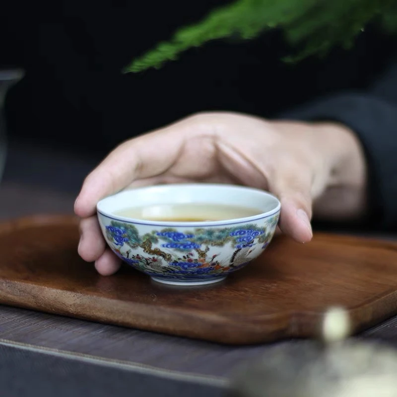 珐琅彩仙鹤普洱杯陶瓷主人杯家用单个茶杯高档茶碗品茗杯压手客杯