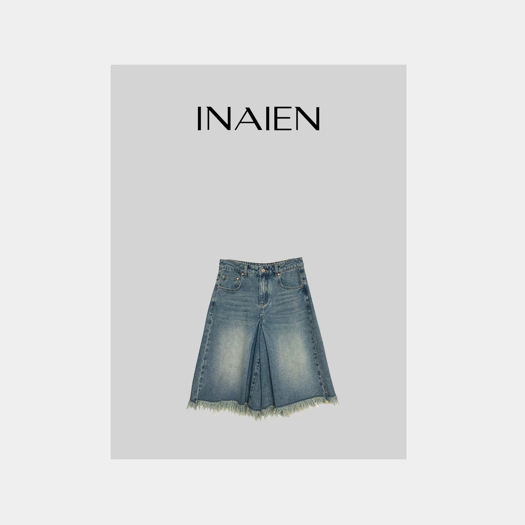 【INAIEN】线上款 “街头风”流苏边复古牛仔中裤裙 L1132 （清）