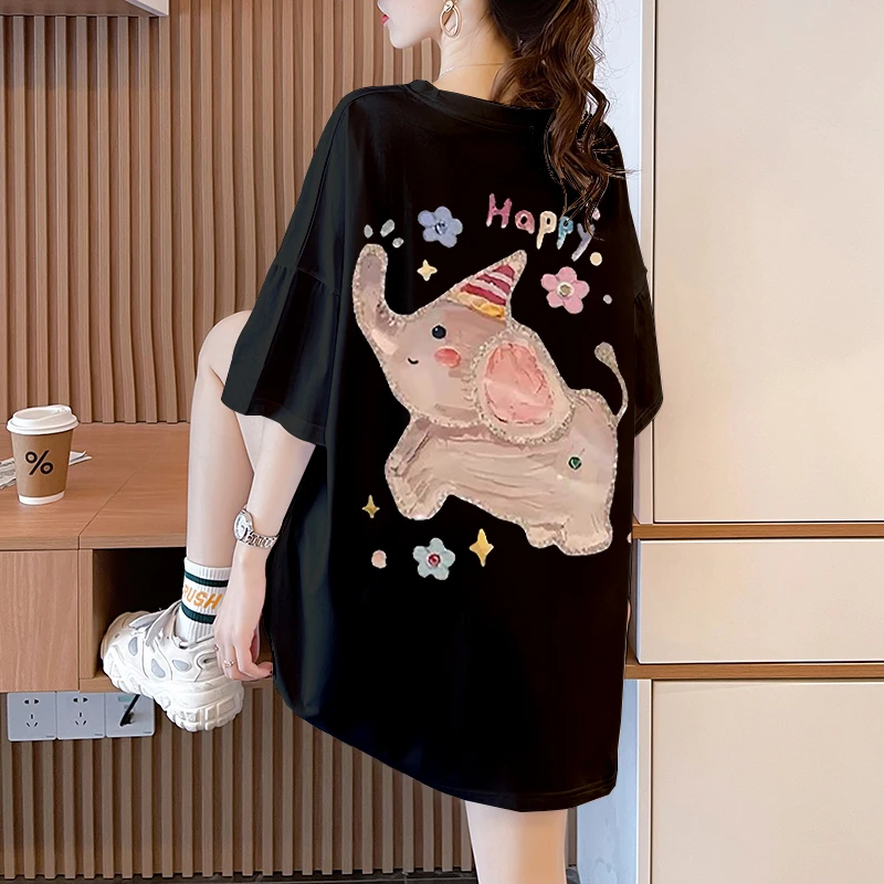 100%纯棉短袖t恤女装大码夏季胖mm宽松中长款遮屁股休闲半袖上衣