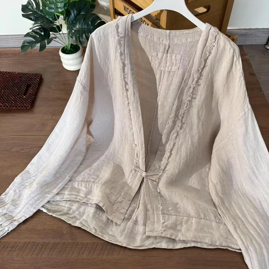 【云目悠悠】春夏季纯汉麻女士长袖中式盘扣设计衬衫-2025198