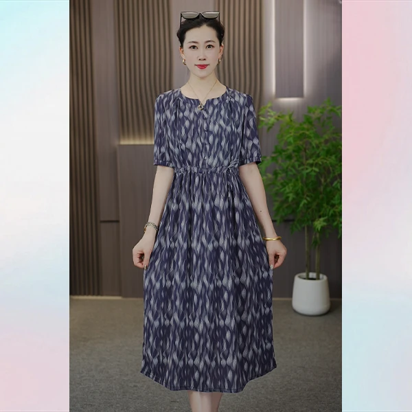 夏季新款紫纹浪影休闲时尚优雅气质百搭减龄宽松收腰高级感连衣裙