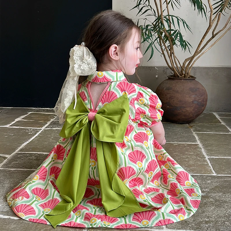 栀了成长记童装女童度假风连衣裙夏季儿童小女孩泡泡袖印花裙子