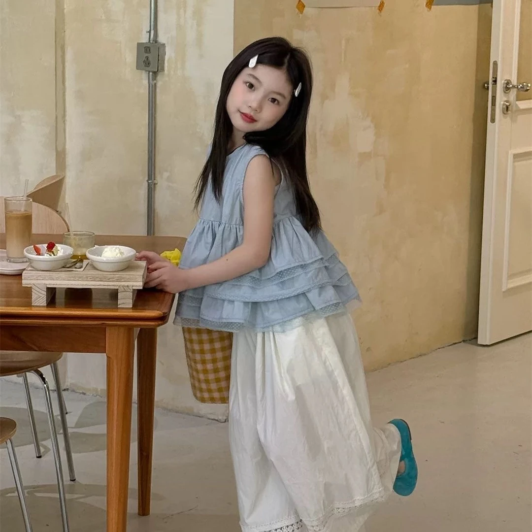 【韩版】女童夏季新款无袖衬衫蕾丝花边拼接甜美蓬蓬上衣宽松阔腿裤