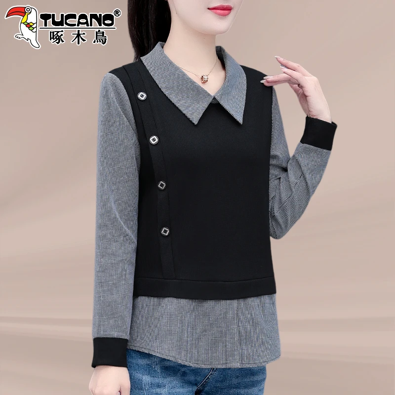 啄木鸟假两件衬衫女新款春秋拼接长袖卫衣洋气减龄妈妈上衣