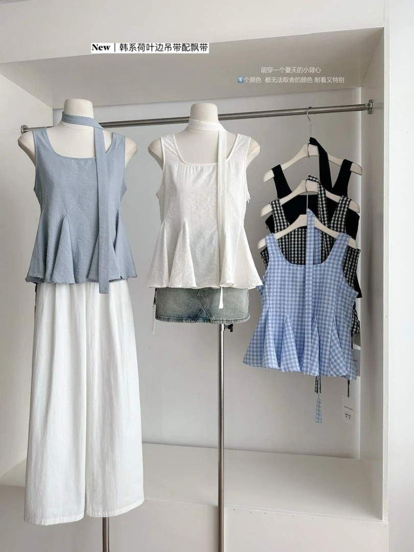 韩系配飘带格子吊带背心女夏季2025新款时尚复古无袖休闲气质上衣