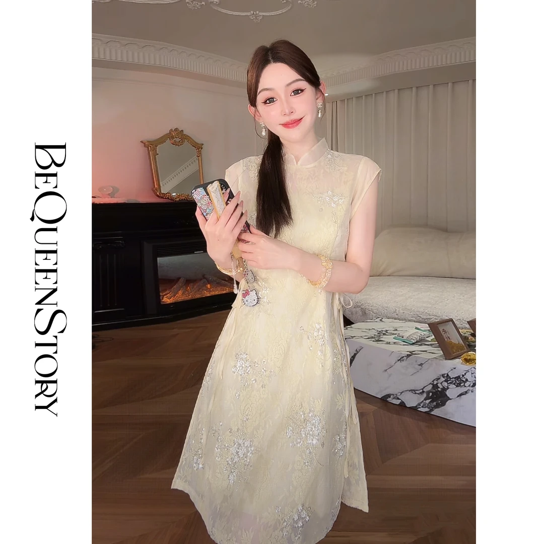 余潇潇【花影清茶】轻奢高级感珠片绣花小飞袖绑带中式连衣裙