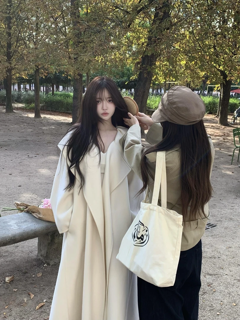 【Lp简约高级感】高级感宽松白色双面呢大衣女秋冬收腰长款连帽外套