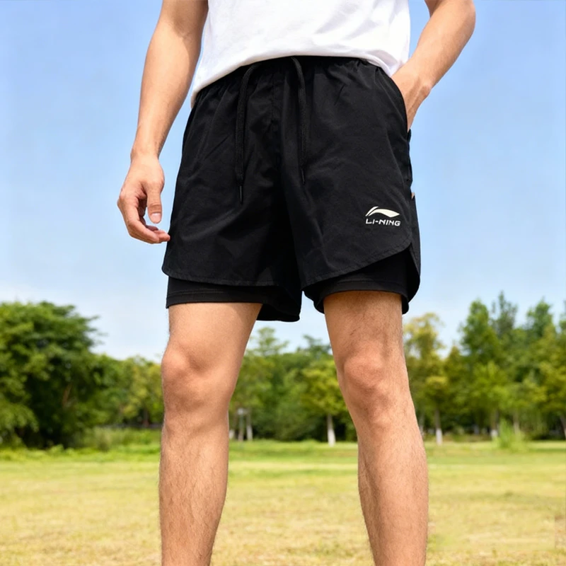 李宁短裤男春季团购系列舒适透气简约常规运动短裤AKSU835--B品