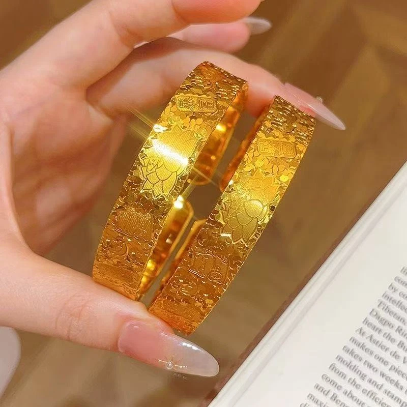 铜合金手镯 新款手工吉言八宝莲花开口手镯女新中式国风宽版镯子