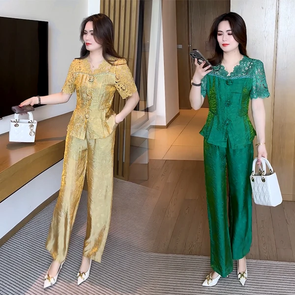 2025夏季新款穿搭显瘦收腰洋气时尚气质蕾丝拼接短袖套装150