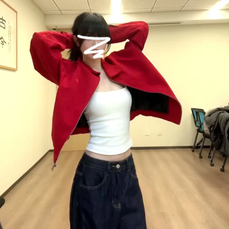 红色哈灵顿夹克外套女春秋季2025新款宽松百搭老钱风女装气质上衣