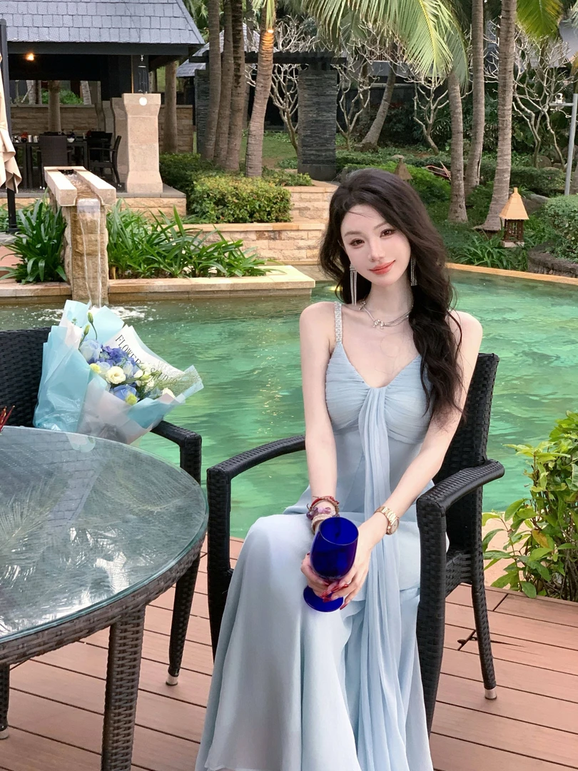 【雅乔定制】飘 V领钻链飘带吊带连衣裙女神长裙DYLL-24126617