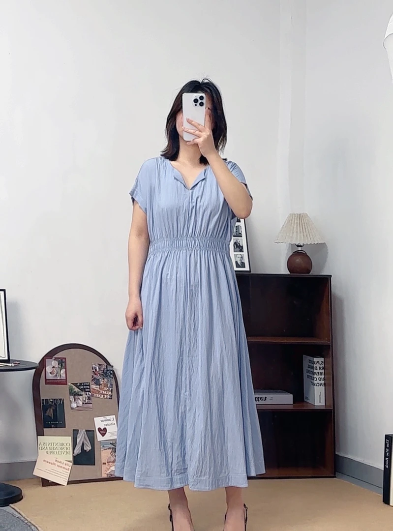 24b100法式优雅圆领连衣裙松紧高腰显瘦气质长裙宽松遮肚子