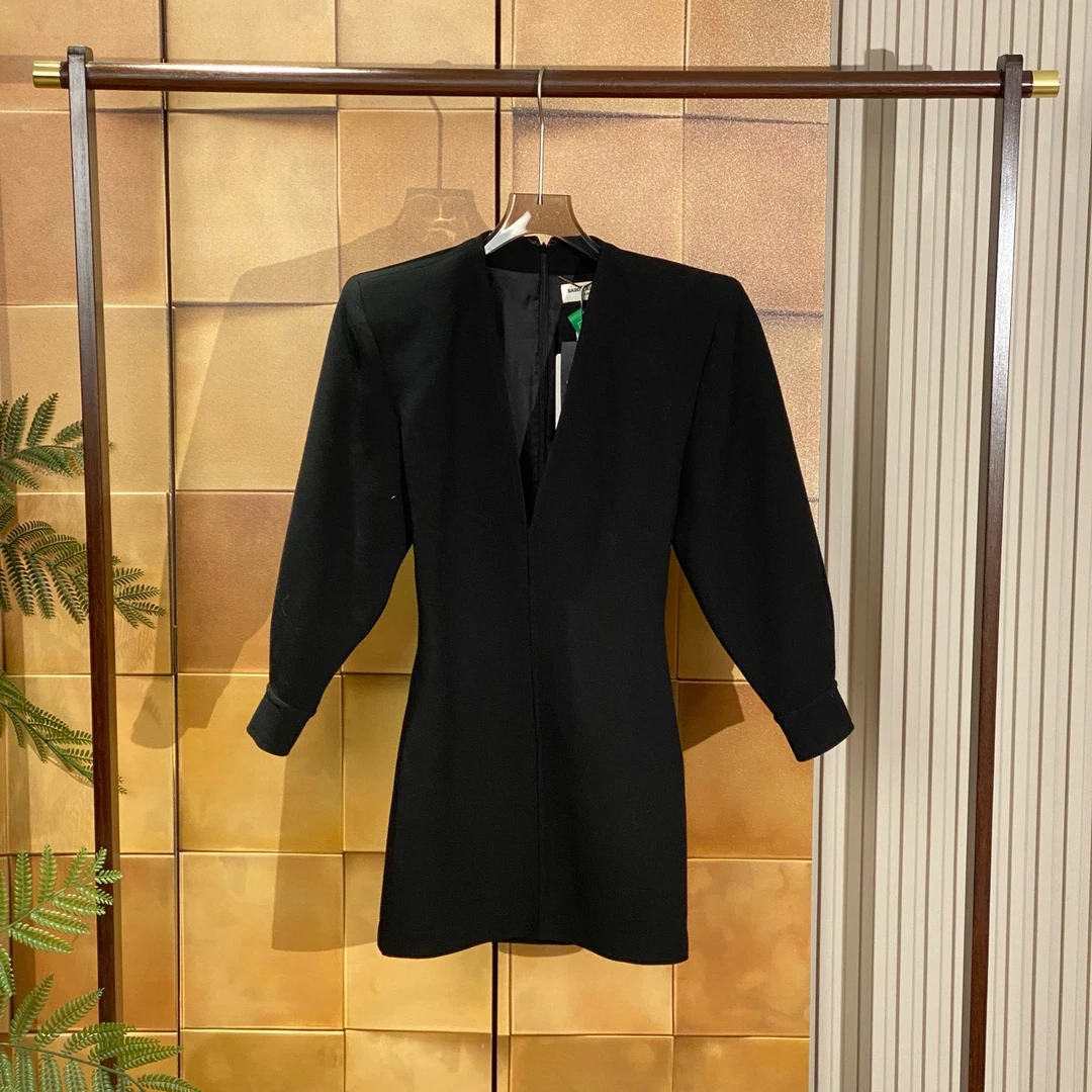Saint Laurent rose同款深V领收腰连衣裙/34码/全新原吊/26538