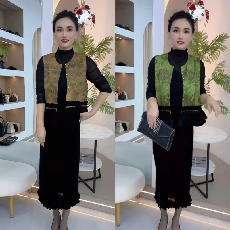 国风提花无袖马甲拼接2025秋季高级新款气质新中式坎肩马甲半身裙