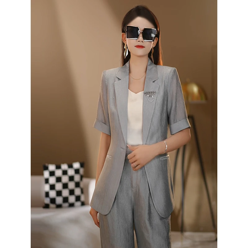 【卓曼定制】2025夏季新款灰色薄款洋气气质时尚通勤短袖套装
