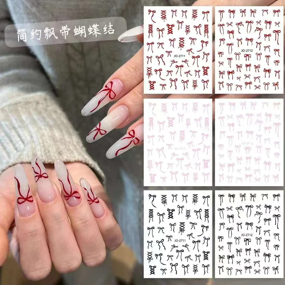 爆款ins芭蕾飘带红色蝴蝶结美甲贴纸简约黑粉色蝴蝶结diy指甲贴纸