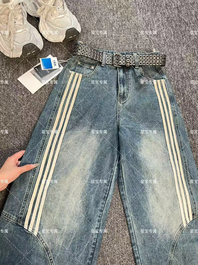 【星宝专属】复古美式街头条纹拼接设计感三条杆阔腿长裤9081