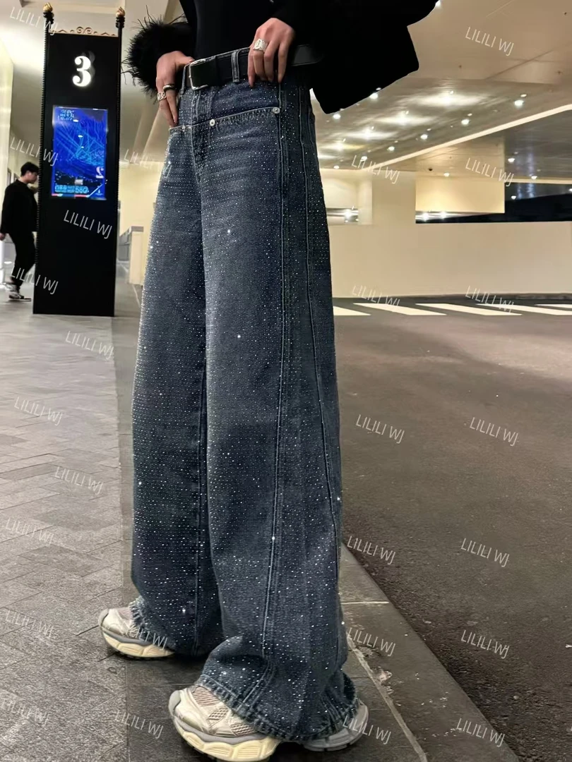 婉君【 巨巨闪钻石牛仔裤】时尚重工烫钻阔腿牛仔裤LWJ24D4K2626
