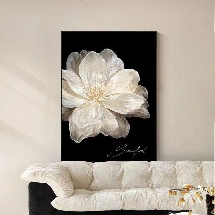 法式客厅装饰画富贵山茶花香风卧室摆画黑白高级玄关尽头挂画