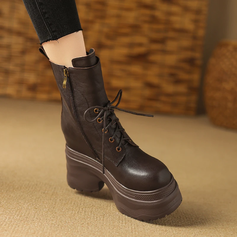 12cm内增高牛皮马丁靴女秋冬季新款高跟鞋加绒厚底坡跟短靴不累脚