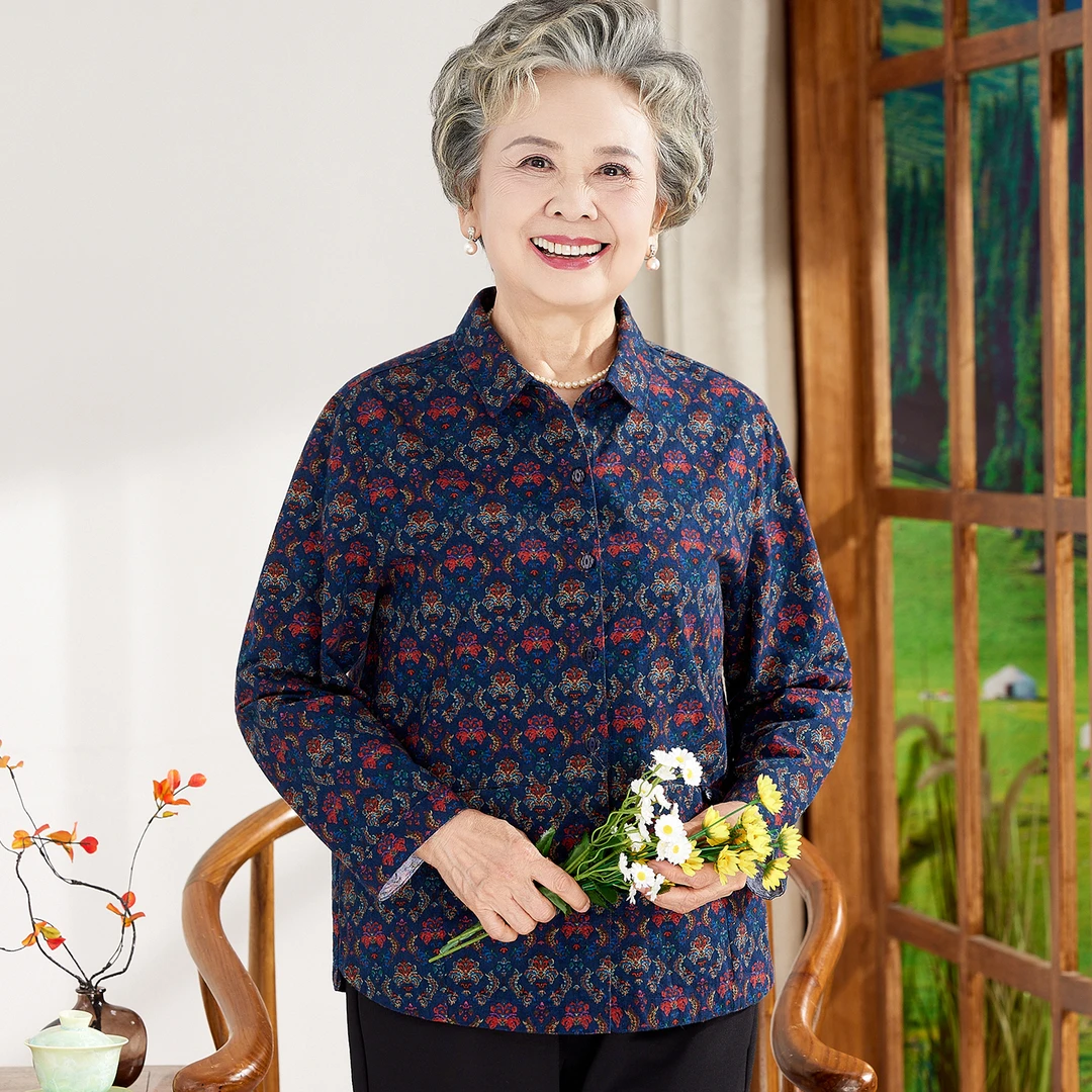 老年人秋装女纯棉长袖衬衫婆婆妈妈春秋天宽松薄外套全棉衬衣奶奶