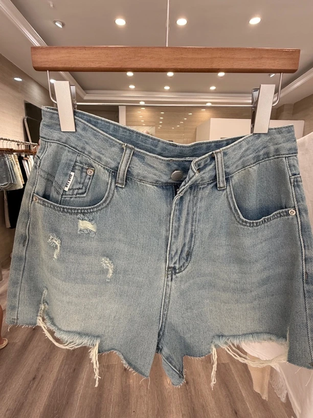 做旧时尚高腰宽松牛仔短裤宽松短裤潮流女装刺绣微弹力水洗