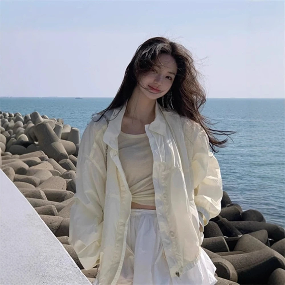 韩货-纯色度假风单排扣防晒衣2025夏季女宽松ins夹克外套vegetabe