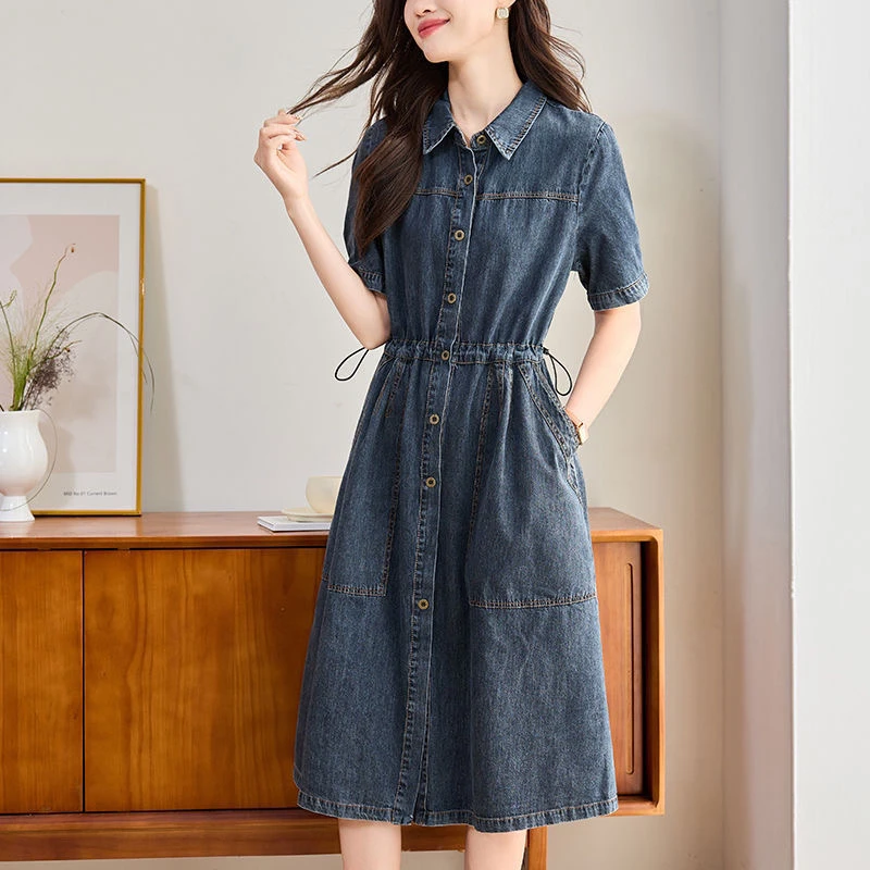 8626牛仔连衣裙2025新款短袖夏季气质收腰显瘦妈妈中长款裙子