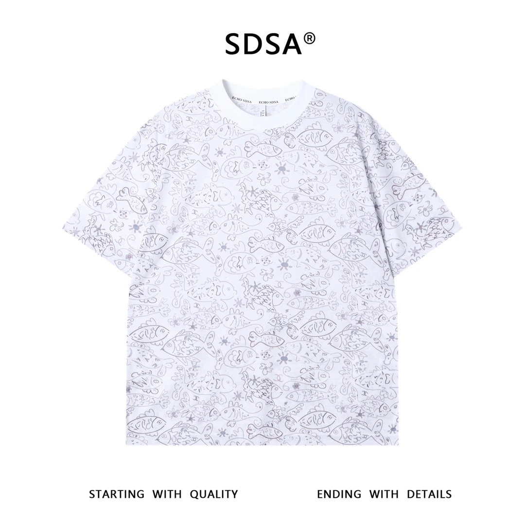 夏季高级感新款韩版简约小鱼印花圆领短袖T恤时尚气质宽松上衣