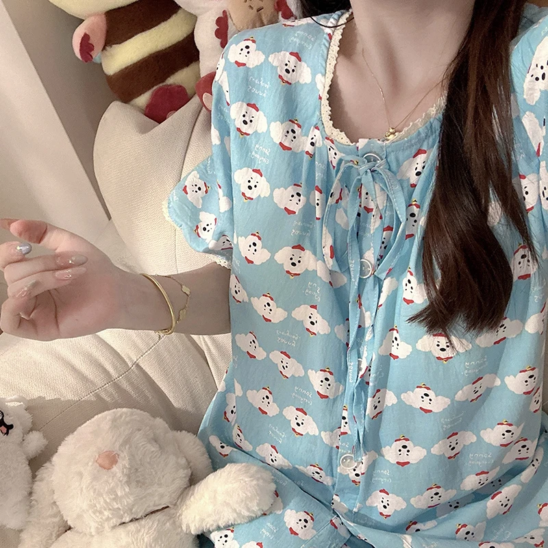 2025新款湖蓝小狗带胸垫三件套睡衣女款夏季短袖可外穿家居服薄款
