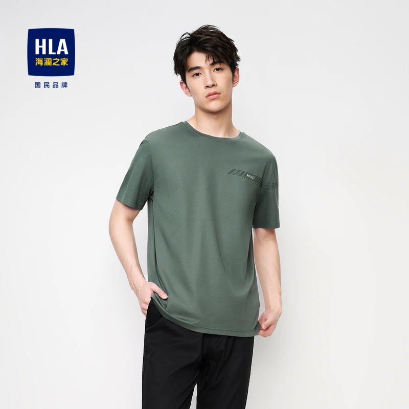 HLA/海澜之家双面提花高周波印花圆领短袖T恤男