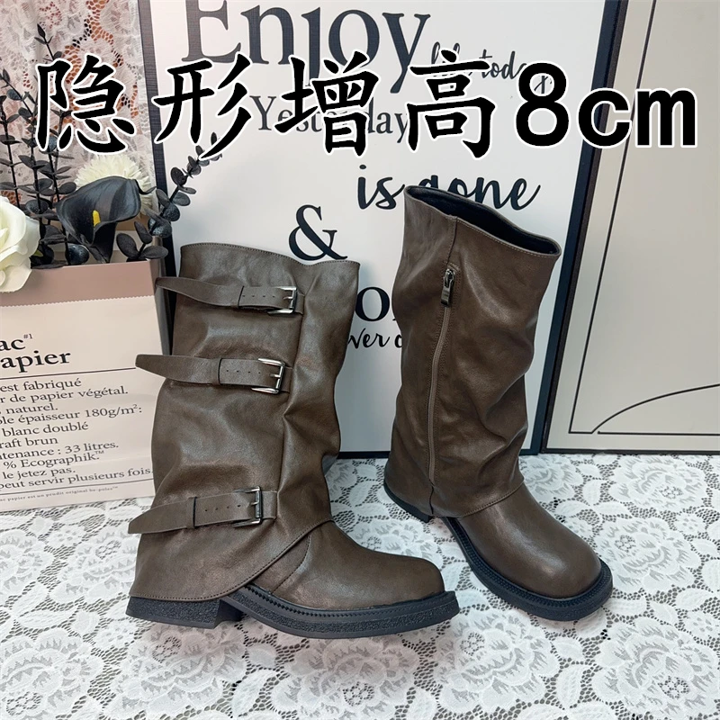 复古皮带扣中筒靴女2025新款街头酷飒辣妹穿搭裤管靴内增高西部靴