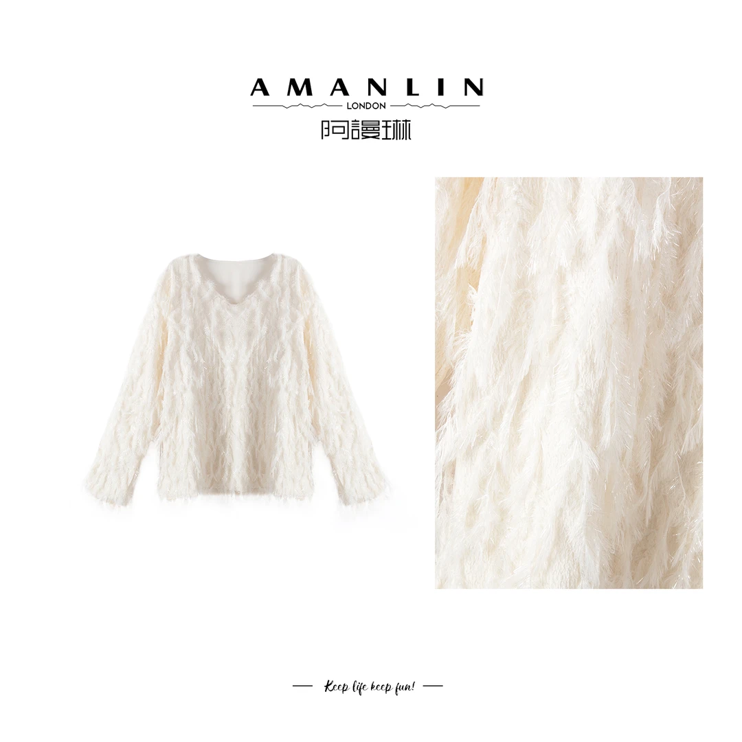 【AMANLIN】时尚新年欧若风显瘦针织V领ins风流苏洋气毛衣女F595186