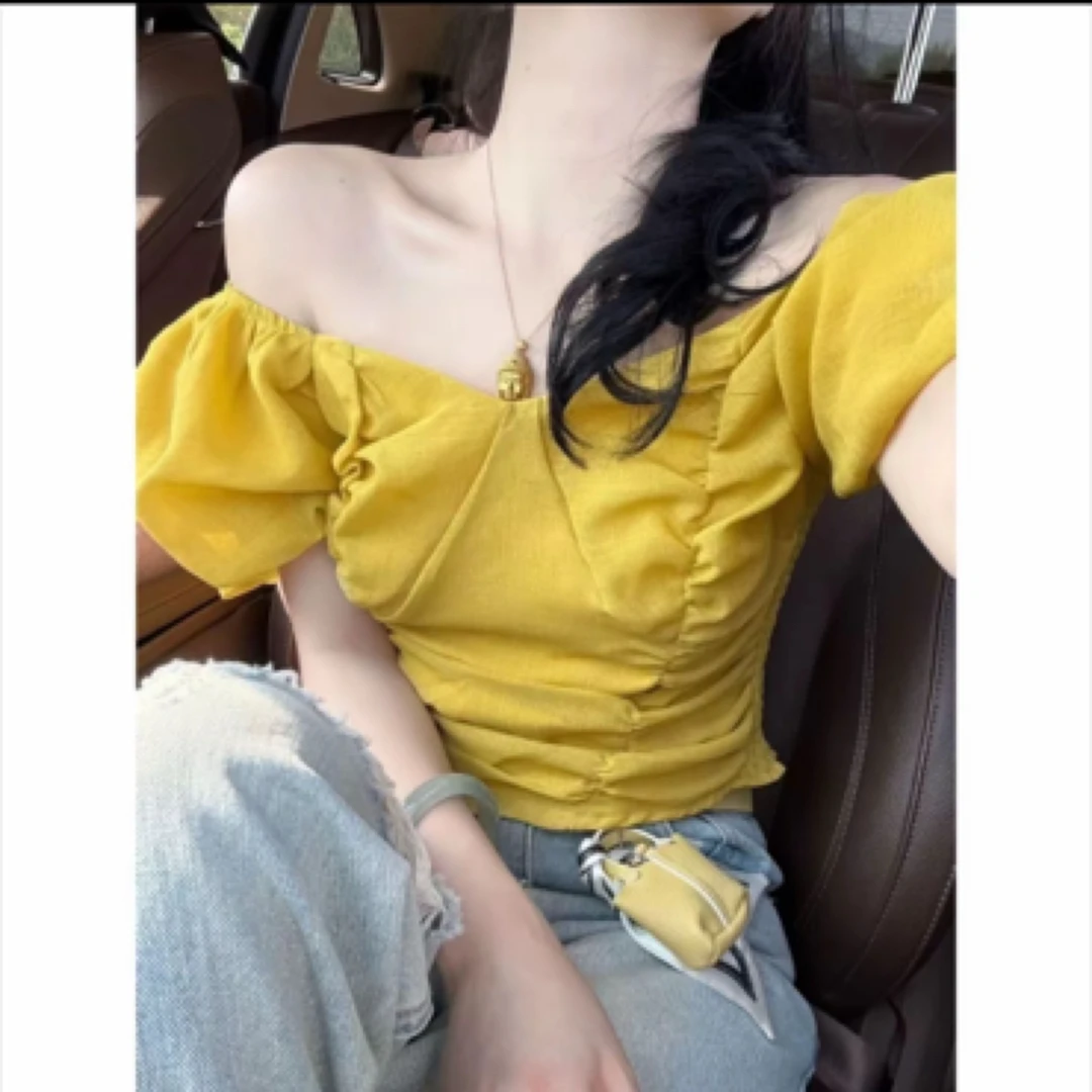 【 XXYC】夏季新品时尚设计感打邹可拉一字肩短款上衣女