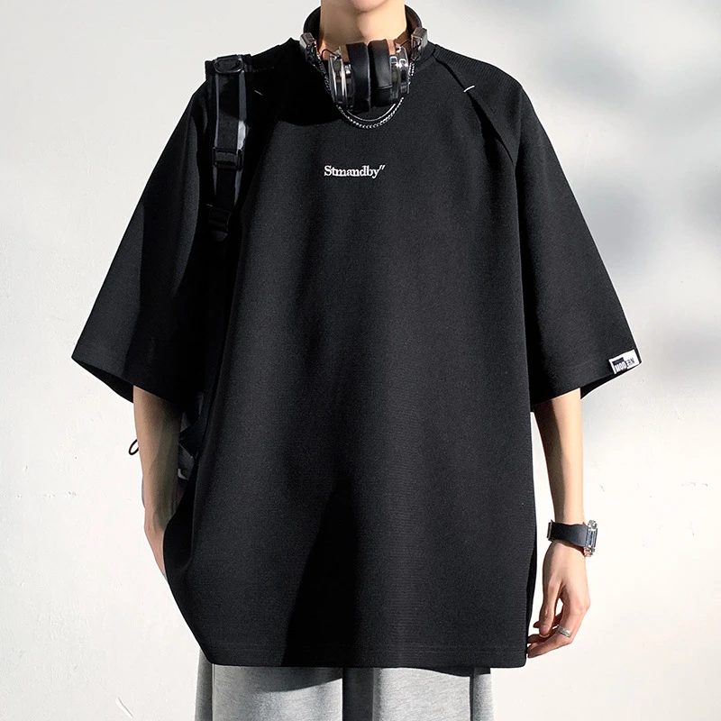 美式复古短袖t恤男夏季宽松休闲7七分袖oversize冰丝速干大码半袖