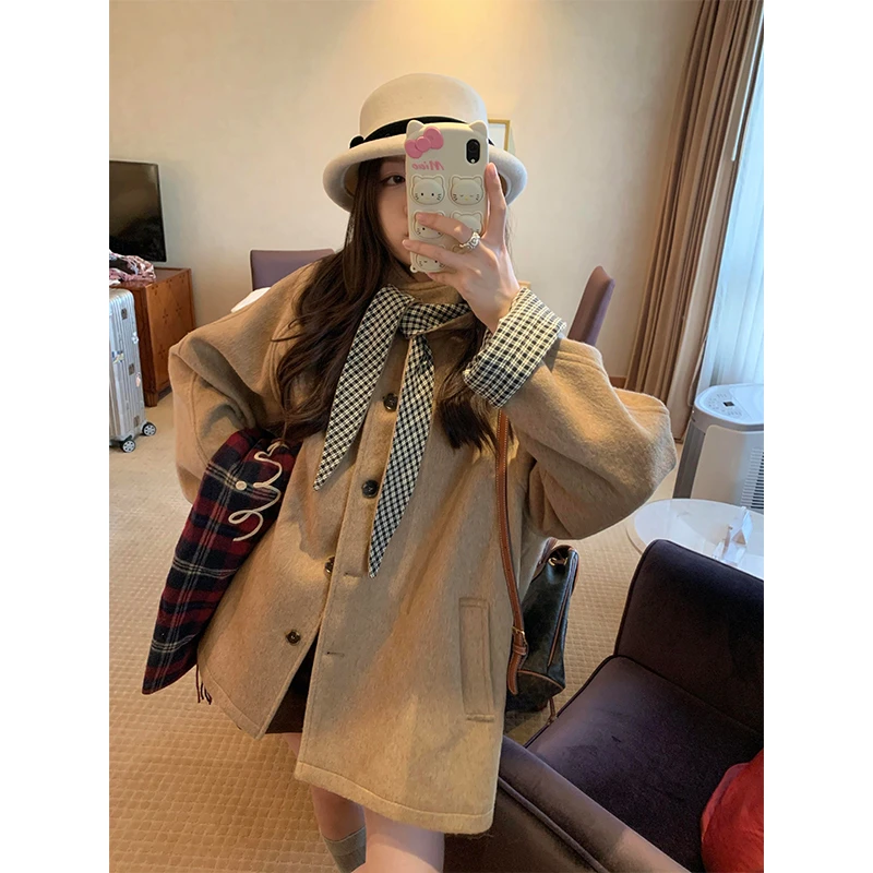 慵懒高级感毛呢外套女2025年新款秋冬中长款大衣宽松遮肉显瘦上衣