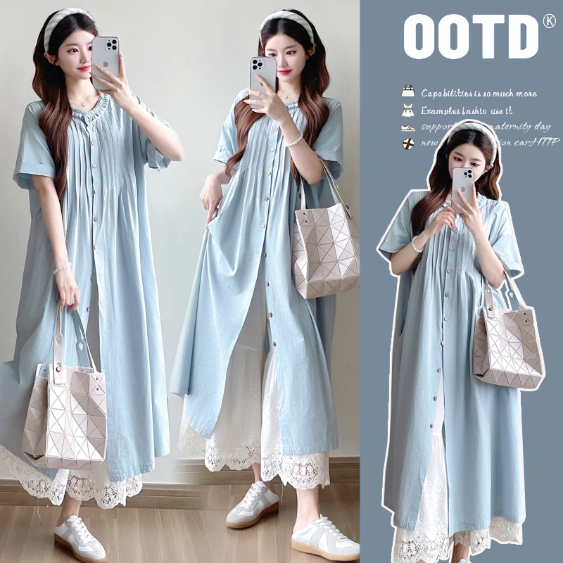 气质淑女孕妇装夏装2025新款宽松显瘦中长款孕妇衬衫长款阔腿裤子