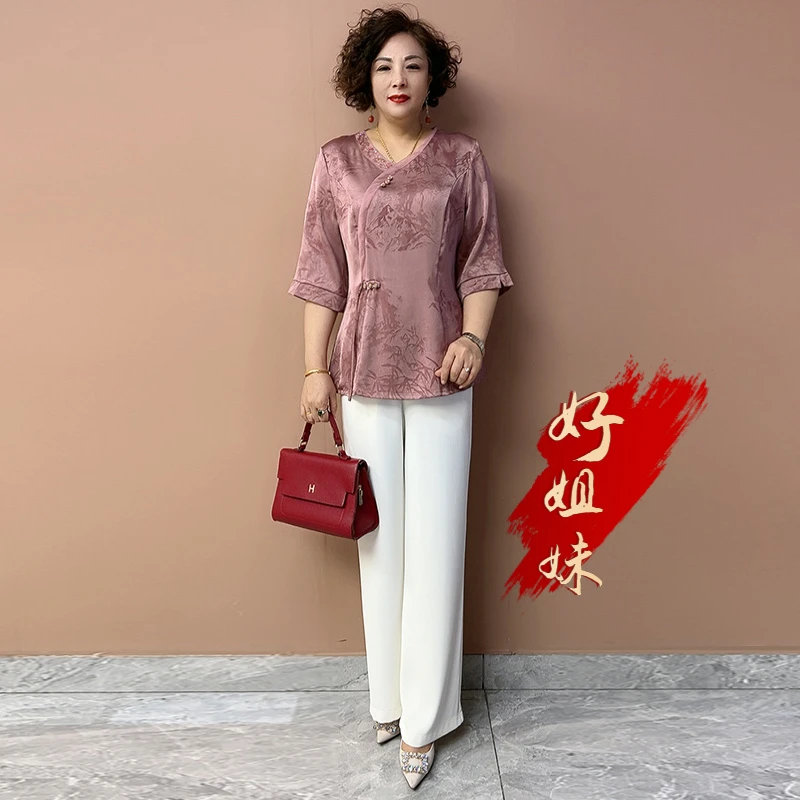 H夏季新款新中式妈妈丝质两件套2025中年洋气女装洋气高贵T恤时尚