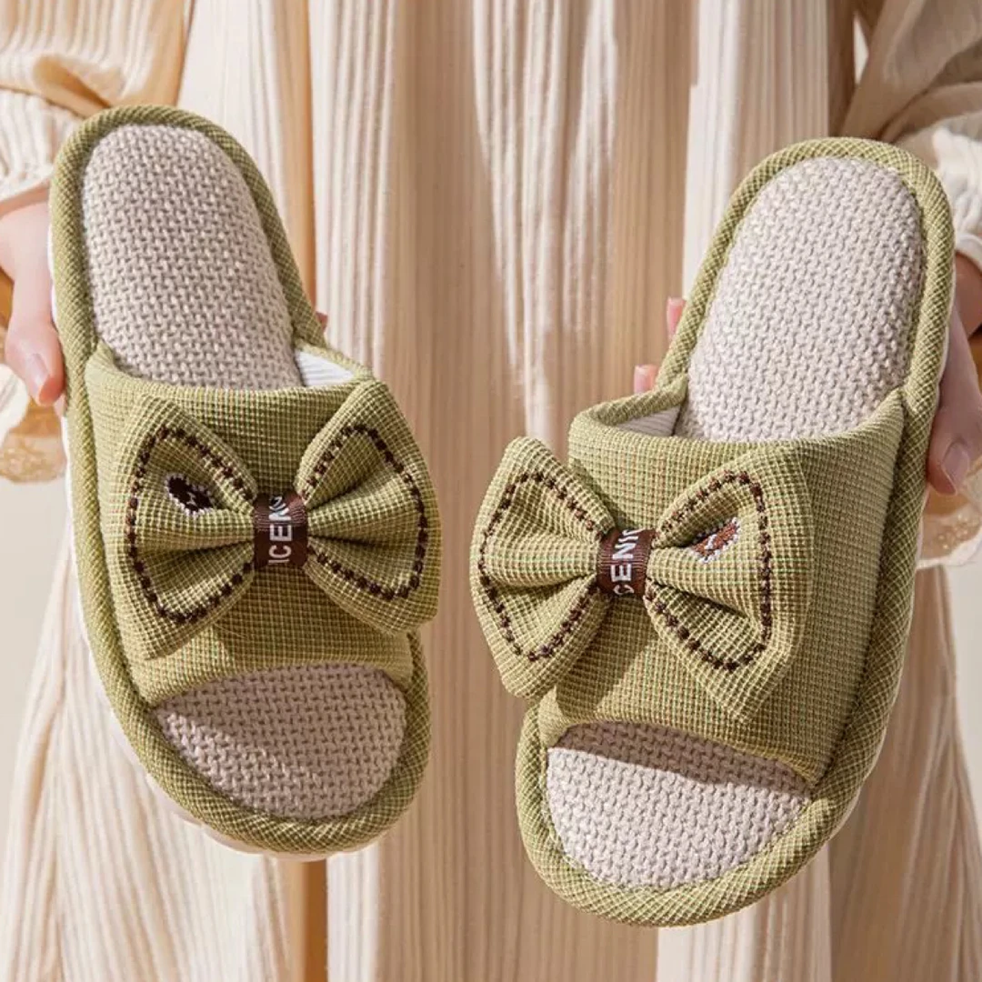 会呼吸的女式蝴蝶结亚麻拖鞋