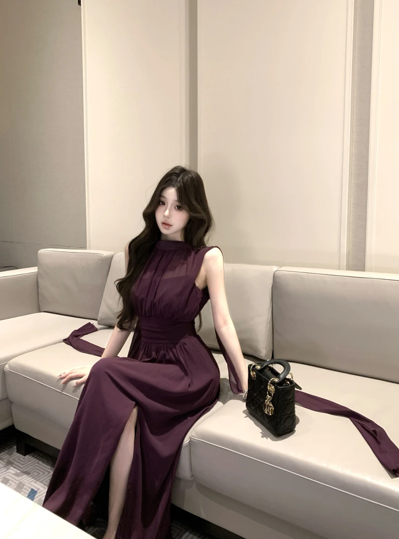 紫色韵味 挂脖无袖连衣裙高级感飘带纯欲风气质性感御姐开叉长裙