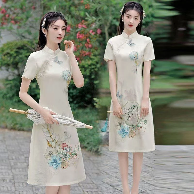 旗袍改良版连衣裙2023夏季新款立领年轻高端气质细腰中长款a字裙