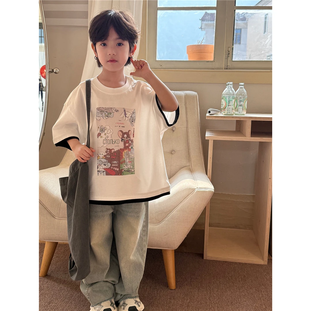 【小石头剪刀布】简潮韩版卡通喷绘纯棉男女童洋气半袖T恤